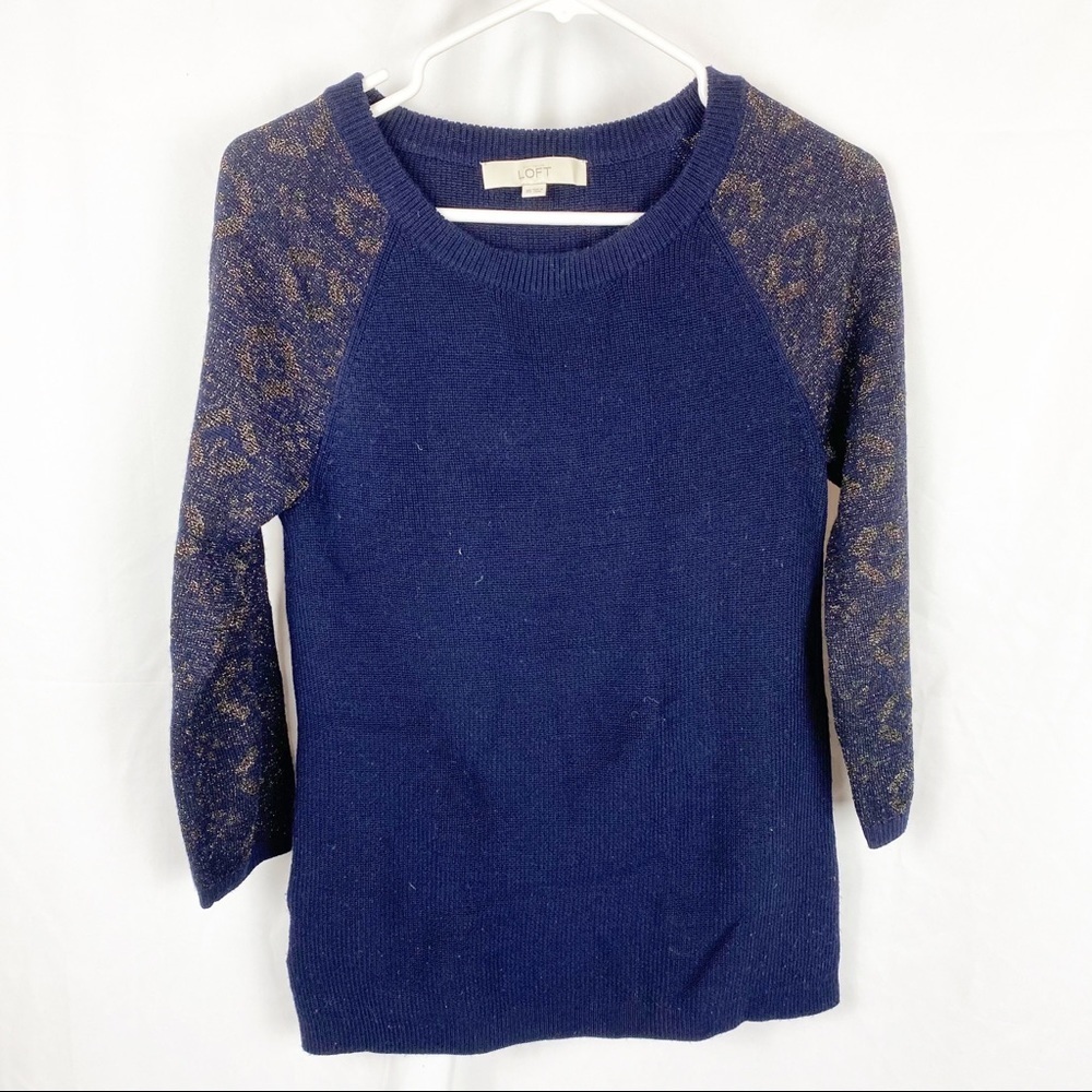 LOFT Blue & Gold Leopard Sleeve Sweater